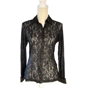 Anne Fontaine Carine Floral Lace Blouse faux leather collar 40 button shirt 6 S